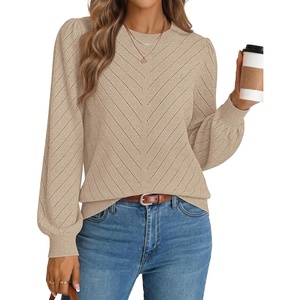 MEROKEETY Womens Fall Lightweight Sweater Long Sleeve Eyelet Pullover Tops | 2026, Ladies, Winter, Cute, Trendy, Crewneck, Pointelle, Balloon Sleeves, Ribbed Hem, Casual, Knit, Fashion Outfit Clothes(Apricot)