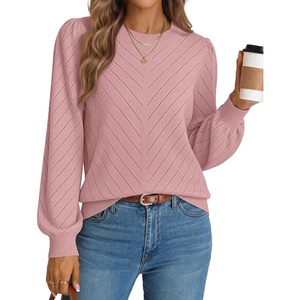 MEROKEETY Womens Fall Lightweight Sweater Long Sleeve Eyelet Pullover Tops | 2026, Ladies, Winter, Cute, Trendy, Crewneck, Pointelle, Balloon Sleeves, Ribbed Hem, Casual, Knit, Fashion Outfit Clothes(Pink)