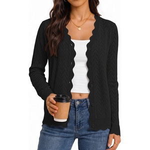 MEROKEETY Women’s Fall Long Sleeve Button Front Cardigan Sweater | Open Front, Scalloped V Neck, Crochet Cardigan, Hollow Out, Lightweight, Dressy, Trendy, Loose Fit, Knit Jumper, Sweater Top(Black)