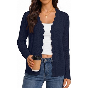 MEROKEETY Women’s Fall Long Sleeve Button Front Cardigan Sweater | Open Front, Scalloped V Neck, Crochet Cardigan, Hollow Out, Lightweight, Dressy, Trendy, Loose Fit, Knit Jumper, Sweater Top(Navy)
