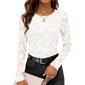 MEROKEETY Womens Fall Long Sleeve Floral Mesh Blouse Top 2026 Dressy Casual | Jacquard Fabric, Sheer Sleeves, Crew Neck, Fitted, Trendy, Ruched Details, Cinched Waist, T Shirt, Fashion Outfit Clothes(White)