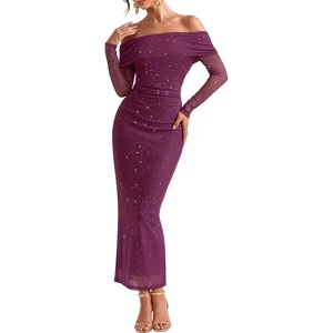 MEROKEETY Womens Fall Long Sleeve Off Shoulder Glitter Mesh Maxi Dress 2026 | Bodycon, Sparkly, Wedding Guest, Formal, Cocktail Party, Evening, Rehearsal Dinner, Holiday, Sequins, Date Night Dresses(Plum)