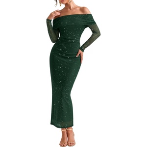 MEROKEETY Womens Fall Long Sleeve Off Shoulder Glitter Mesh Maxi Dress 2026 | Bodycon, Sparkly, Wedding Guest, Formal, Cocktail Party, Evening, Rehearsal Dinner, Holiday, Sequins, Date Night Dresses(Green)