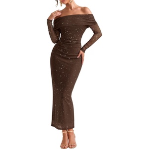 MEROKEETY Womens Fall Long Sleeve Off Shoulder Glitter Mesh Maxi Dress 2026 | Bodycon, Sparkly, Wedding Guest, Formal, Cocktail Party, Evening, Rehearsal Dinner, Holiday, Sequins, Date Night Dresses(Coffee)