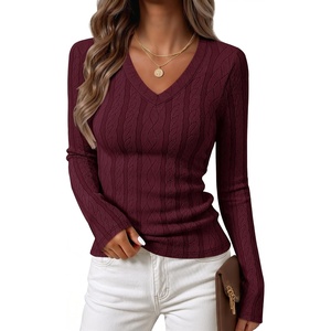 MEROKEETY Womens Fall Long Sleeve V Neck Top Trendy T-Shirt Business Casual | Textured Cable Pattern, Fitted, Lightweight, Stretchy, Dressy Casual, Basic Layering Blouse, Work Office Shirt, Going Out Top(Burgundy)