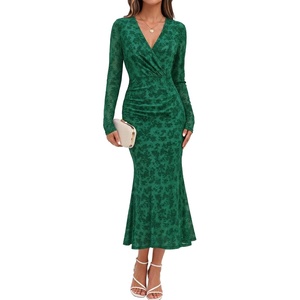 MEROKEETY Women’s Fall Long Sleeve Wrap V Neck Floral Maxi Dress 2026 | Snap Button, Slim Fit, Ruched Waist, Bodycon, Ruffle Hem, Lined, Wedding Guest, Cocktail, Party, Formal, Winter Long Dresses(Green)