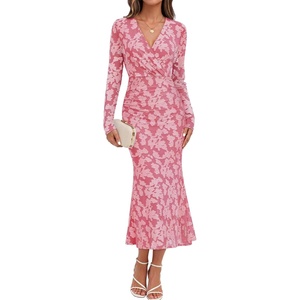 MEROKEETY Women’s Fall Long Sleeve Wrap V Neck Floral Maxi Dress 2026 | Snap Button, Slim Fit, Ruched Waist, Bodycon, Ruffle Hem, Lined, Wedding Guest, Cocktail, Party, Formal, Winter Long Dresses(Pink)