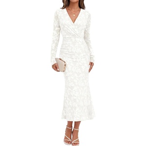 MEROKEETY Women’s Fall Long Sleeve Wrap V Neck Floral Maxi Dress 2026 | Snap Button, Slim Fit, Ruched Waist, Bodycon, Ruffle Hem, Lined, Wedding Guest, Cocktail, Party, Formal, Winter Long Dresses(White)