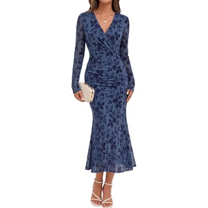 MEROKEETY Women’s Fall Long Sleeve Wrap V Neck Floral Maxi Dress 2026 | Snap Button, Slim Fit, Ruched Waist, Bodycon, Ruffle Hem, Lined, Wedding Guest, Cocktail, Party, Formal, Winter Long Dresses(Dustyblue)
