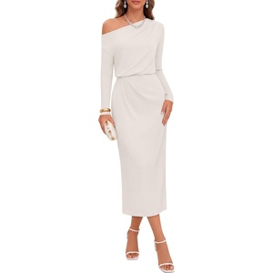 MEROKEETY Women’s Fall Off Shoulder Long Sleeve Wedding Guest Midi Dress | Fitted, Ruched Waist, Baby Shower, Bridesmaid, Date Night, Modest Elegant, Business Casual, 2026 Formal Dress, Winter Outfits(White)