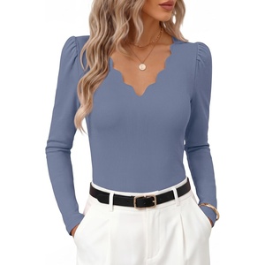 MEROKEETY Women’s Fall Puff Long Sleeve Business Casual Work Tops | Scalloped V Neck, Work T-Shirt, Cute, Trendy, Dressy Casual, Ribbed Knit, Fitted Blouse, 2026 Fall Winter Clothes(Dusty Blue)