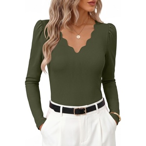 MEROKEETY Women’s Fall Puff Long Sleeve Business Casual Work Tops | Scalloped V Neck, Work T-Shirt, Cute, Trendy, Dressy Casual, Ribbed Knit, Fitted Blouse, 2026 Fall Winter Clothes(Army)