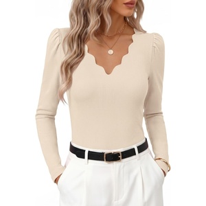 MEROKEETY Women’s Fall Puff Long Sleeve Business Casual Work Tops | Scalloped V Neck, Work T-Shirt, Cute, Trendy, Dressy Casual, Ribbed Knit, Fitted Blouse, 2026 Fall Winter Clothes(Apricot)