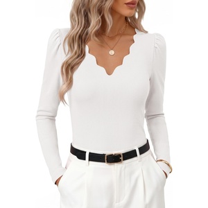 MEROKEETY Women’s Fall Puff Long Sleeve Business Casual Work Tops | Scalloped V Neck, Work T-Shirt, Cute, Trendy, Dressy Casual, Ribbed Knit, Fitted Blouse, 2026 Fall Winter Clothes(White)