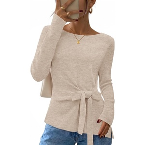 MEROKEETY Womens Fall Tie Front Ruched Long Sleeve Sweaters | Lightweight Pullover, Boat Neck, Ribbed Knit, Side Slit, Trendy Asymmetrical Knot Tops, Business Casual, Teacher Outfits 2026(Oatmeal)