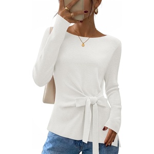 MEROKEETY Womens Fall Tie Front Ruched Long Sleeve Sweaters | Lightweight Pullover, Boat Neck, Ribbed Knit, Side Slit, Trendy Asymmetrical Knot Tops, Business Casual, Teacher Outfits 2026(White)