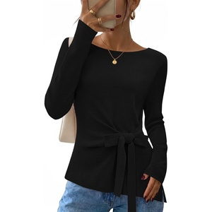 MEROKEETY Womens Fall Tie Front Ruched Long Sleeve Sweaters | Lightweight Pullover, Boat Neck, Ribbed Knit, Side Slit, Trendy Asymmetrical Knot Tops, Business Casual, Teacher Outfits 2026(Black)