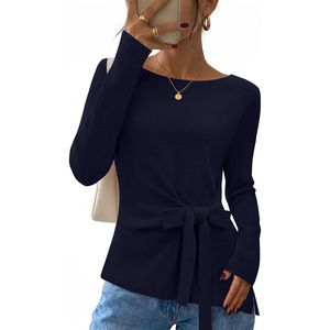 MEROKEETY Womens Fall Tie Front Ruched Long Sleeve Sweaters | Lightweight Pullover, Boat Neck, Ribbed Knit, Side Slit, Trendy Asymmetrical Knot Tops, Business Casual, Teacher Outfits 2026(Navy)
