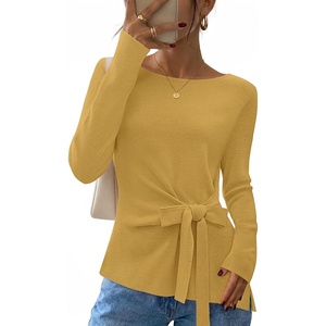 MEROKEETY Womens Fall Tie Front Ruched Long Sleeve Sweaters | Lightweight Pullover, Boat Neck, Ribbed Knit, Side Slit, Trendy Asymmetrical Knot Tops, Business Casual, Teacher Outfits 2026(Turmeric)