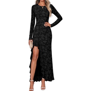 MEROKEETY Womens Fall Wedding Guest Dress Formal Long Sleeve Maxi Dresses | Floral Cocktail Prom Dress, Ruched Waist, Asymmetric Ruffle Hem, High Slit, Bodycon, Double Lined, Rehearsal Bride Long Dress(Black)