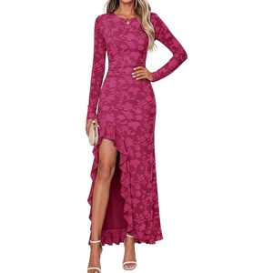 MEROKEETY Womens Fall Wedding Guest Dress Formal Long Sleeve Maxi Dresses | Floral Cocktail Prom Dress, Ruched Waist, Asymmetric Ruffle Hem, High Slit, Bodycon, Double Lined, Rehearsal Bride Long Dress(Fuchsia)