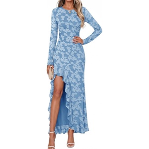 MEROKEETY Womens Fall Wedding Guest Dress Formal Long Sleeve Maxi Dresses | Floral Cocktail Prom Dress, Ruched Waist, Asymmetric Ruffle Hem, High Slit, Bodycon, Double Lined, Rehearsal Bride Long Dress(Blue)