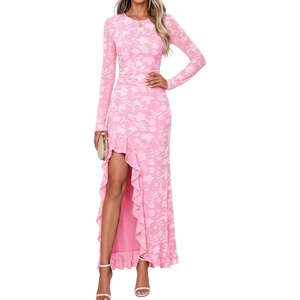 MEROKEETY Womens Fall Wedding Guest Dress Formal Long Sleeve Maxi Dresses | Floral Cocktail Prom Dress, Ruched Waist, Asymmetric Ruffle Hem, High Slit, Bodycon, Double Lined, Rehearsal Bride Long Dress(Pink)