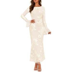 MEROKEETY Women’s Floral Wedding Guest Cocktail Maxi Dress | Ruffled Bell Long Sleeve, 2026 Fall Mesh Dress, Crew Neck, Lined, Bodycon, Prom Homecoming Clothes, Formal Elegant Outfits(Apricot)