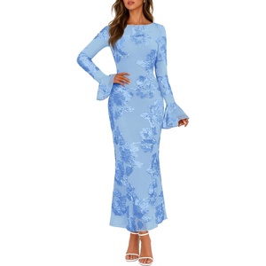MEROKEETY Women’s Floral Wedding Guest Cocktail Maxi Dress | Ruffled Bell Long Sleeve, 2026 Fall Mesh Dress, Crew Neck, Lined, Bodycon, Prom Homecoming Clothes, Formal Elegant Outfits(Blue)
