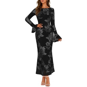 MEROKEETY Women’s Floral Wedding Guest Cocktail Maxi Dress | Ruffled Bell Long Sleeve, 2026 Fall Mesh Dress, Crew Neck, Lined, Bodycon, Prom Homecoming Clothes, Formal Elegant Outfits(Black)