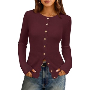 MEROKEETY Women’s Long Sleeve Fall Cardigan Sweaters Knit Tops 2026 | Lightweight, Crew Neck, Button Down, Open Front, Wavy Placket, Slim Fit, Ribbed, Soft Sweater, Fall Fashion, Winter Outfits(Wine)