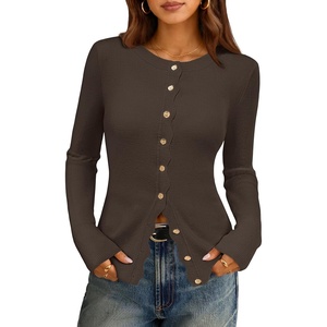 MEROKEETY Women’s Long Sleeve Fall Cardigan Sweaters Knit Tops 2026 | Lightweight, Crew Neck, Button Down, Open Front, Wavy Placket, Slim Fit, Ribbed, Soft Sweater, Fall Fashion, Winter Outfits(Coffee)