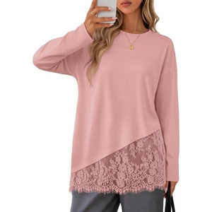 MEROKEETY Women’s Long Sleeve Tops Fall 2026 Lace Patchwork Casual Shirts | Elegant Asymmetrical Hem, Classic Crew Neck, Ribbed Trim, Cotton, Trendy Fashion, Loose Fit, Going Out Date Night Blouse(Pink)