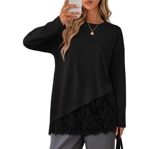 MEROKEETY Women’s Long Sleeve Tops Fall 2026 Lace Patchwork Casual Shirts | Elegant Asymmetrical Hem, Classic Crew Neck, Ribbed Trim, Cotton, Trendy Fashion, Loose Fit, Going Out Date Night Blouse(Black)
