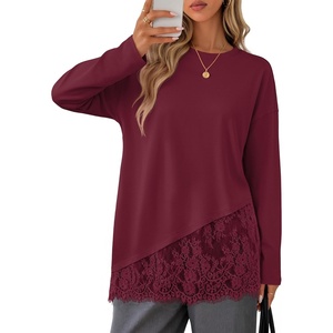 MEROKEETY Women’s Long Sleeve Tops Fall 2026 Lace Patchwork Casual Shirts | Elegant Asymmetrical Hem, Classic Crew Neck, Ribbed Trim, Cotton, Trendy Fashion, Loose Fit, Going Out Date Night Blouse(Burgundy)