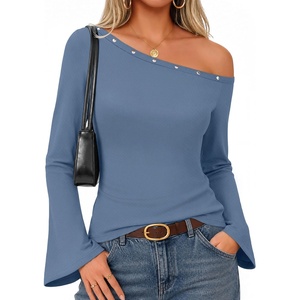 MEROKEETY Women’s Off Shoulder Bell Long Sleeve Tops Fall Going Out Shirts | 2026 One Shoulder, Asymmetrical Top, Metal Rivets, Fitted T-Shirt, Date Night, Streetwear, Trendy Outfits, Y2k Clothes(Dustyblue)