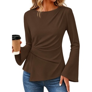 MEROKEETY Womens Peplum Tops Long Sleeve Fall Dressy Business Casual Blouse | Elegant Trendy Shirts, Work Office Outfit, Ruched Waist, Crew Neckline, Slim Fit, Flared Sleeves, 2026 Fall Fashion Clothes(Brown)