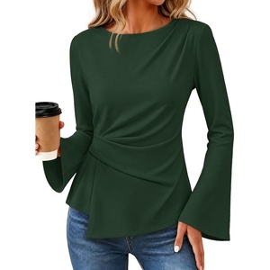 MEROKEETY Womens Peplum Tops Long Sleeve Fall Dressy Business Casual Blouse | Elegant Trendy Shirts, Work Office Outfit, Ruched Waist, Crew Neckline, Slim Fit, Flared Sleeves, 2026 Fall Fashion Clothes(Darkgreen)