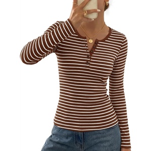 MEROKEETY Womens Striped Long Sleeve Shirts Fall Trendy Henley Tops | Ribbed Knit, Slim Fit, Lightweight, Color Block, Work T-Shirts, Cozy Going Out Top, Business Casual Outfits, Basic Tees 2026(Stripebrown)