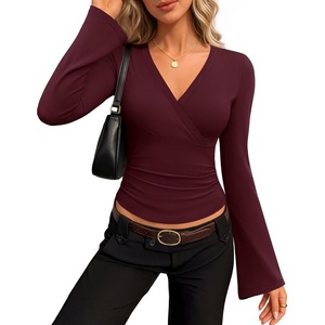 MEROKEETY Womens Wrap V Neck Long Sleeve Tops Fall Shirts | Slim Fitted, Cinched Waist Ruched, Stretchy Soft, Sexy Dressy Shirt, Going Out Clothes, Y2K Outfits, Light Workouts Blouse(Burgundy)