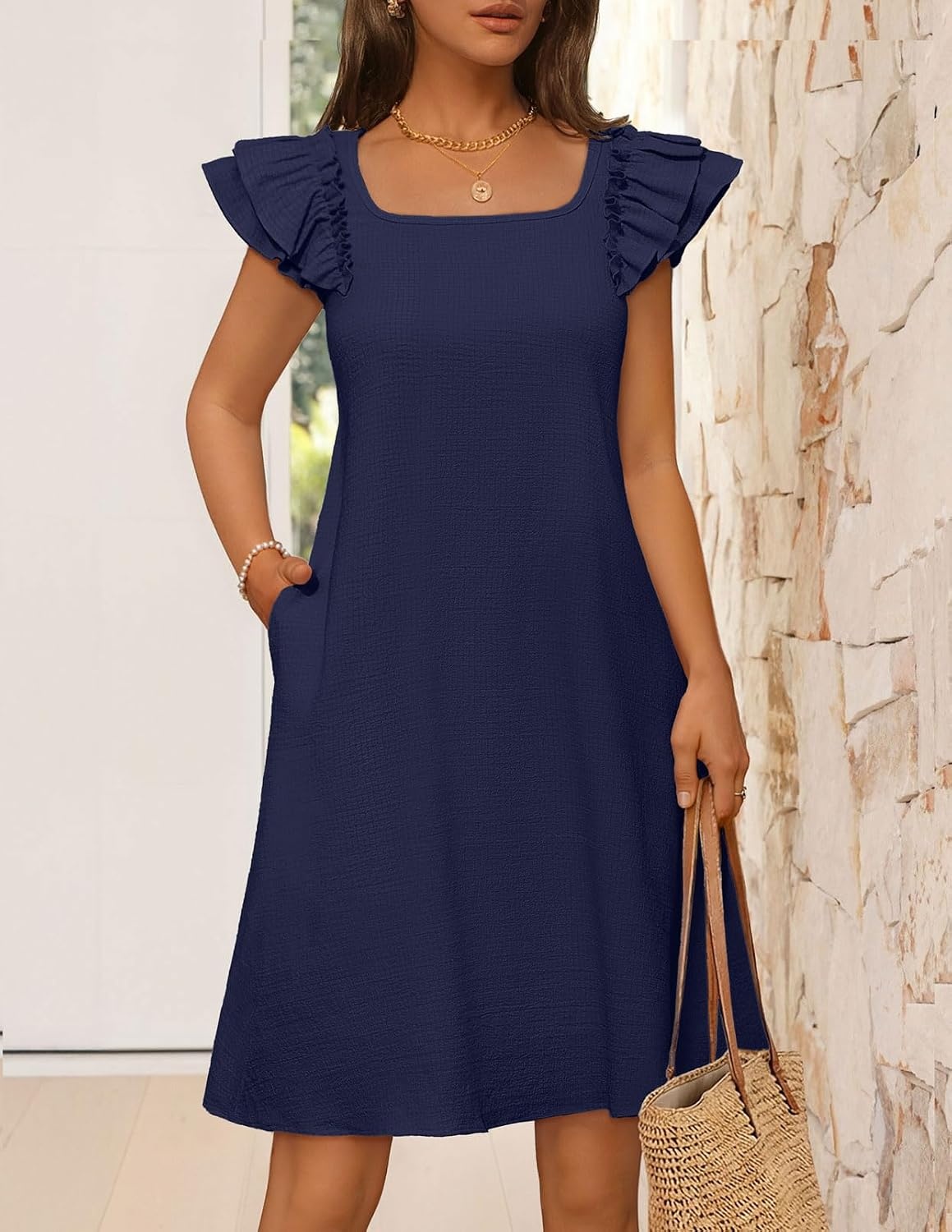 image:imageMEROKEETY Womens Fall Ruffle Sleeve Square Neck Bow Mini Dresses Short Sleeve Open Back Two Side Pockets Above Knee Length Solid Color Slim Fit 2026 Fashion Outfits TrendyNavy