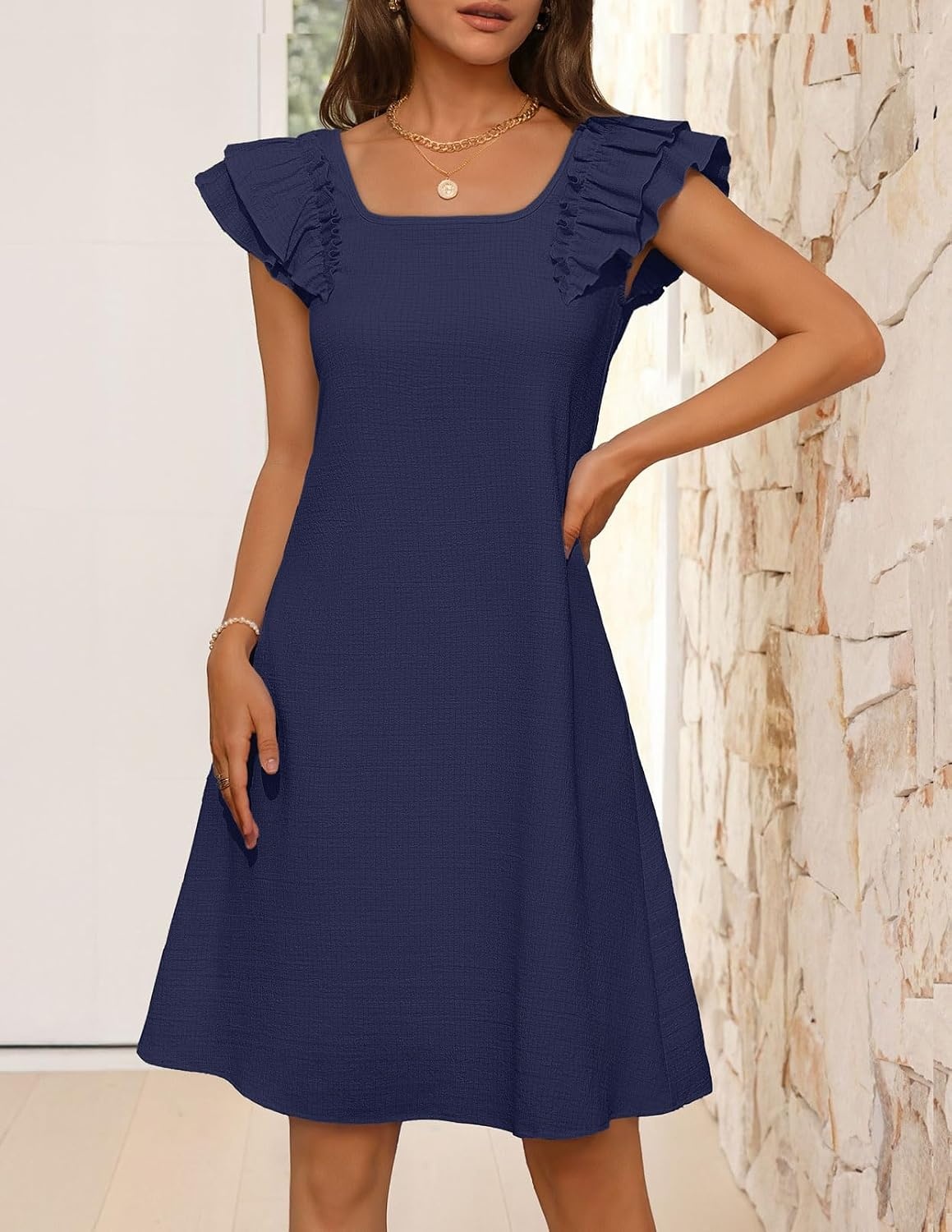 image:imageMEROKEETY Womens Fall Ruffle Sleeve Square Neck Bow Mini Dresses Short Sleeve Open Back Two Side Pockets Above Knee Length Solid Color Slim Fit 2026 Fashion Outfits TrendyNavy