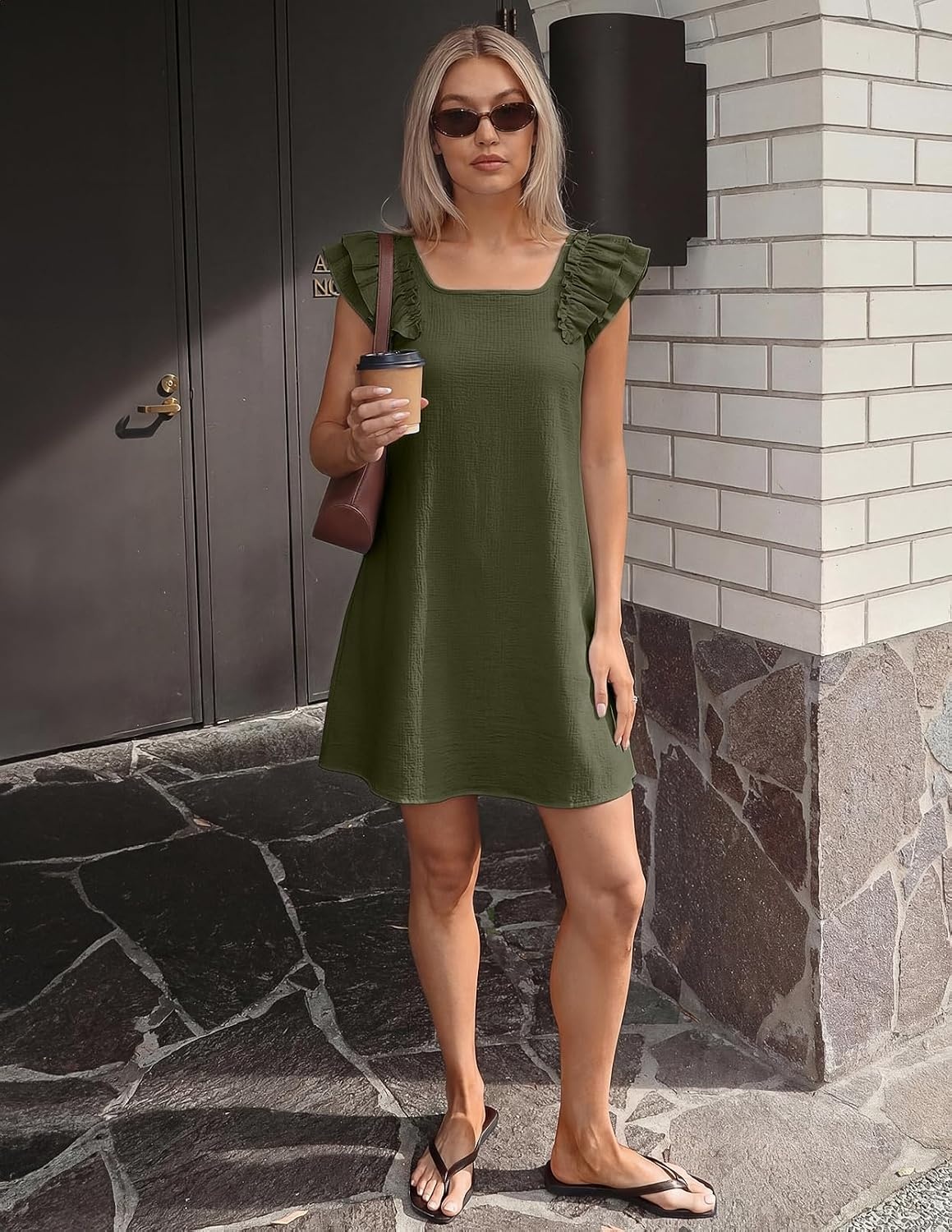 image:imageMEROKEETY Womens Fall Ruffle Sleeve Square Neck Bow Mini Dresses Short Sleeve Open Back Two Side Pockets Above Knee Length Solid Color Slim Fit 2026 Fashion Outfits TrendyArmy
