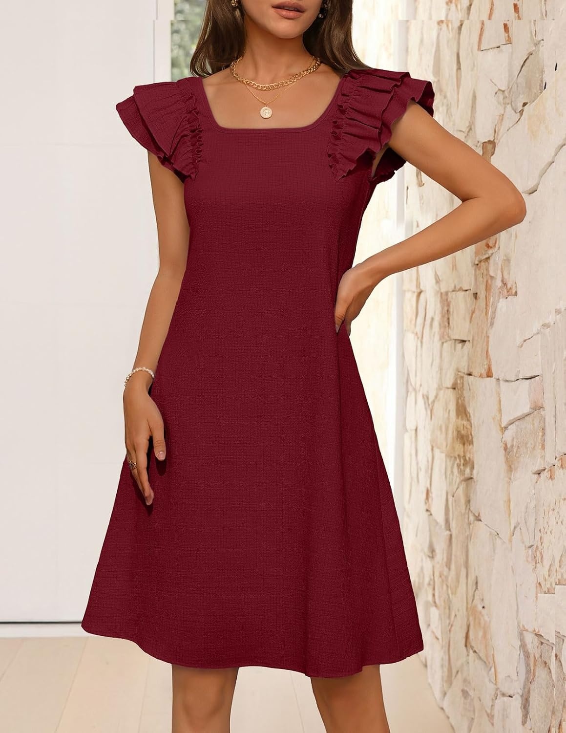image:imageMEROKEETY Womens Fall Ruffle Sleeve Square Neck Bow Mini Dresses Short Sleeve Open Back Two Side Pockets Above Knee Length Solid Color Slim Fit 2026 Fashion Outfits TrendyWine