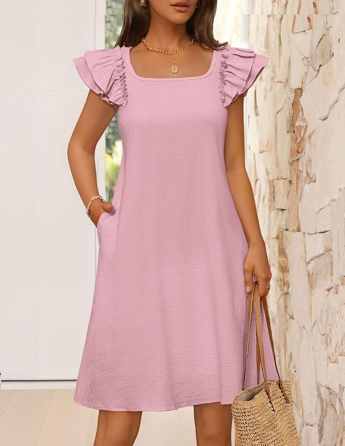 image:imageMEROKEETY Womens Fall Ruffle Sleeve Square Neck Bow Mini Dresses Short Sleeve Open Back Two Side Pockets Above Knee Length Solid Color Slim Fit 2026 Fashion Outfits TrendyPink