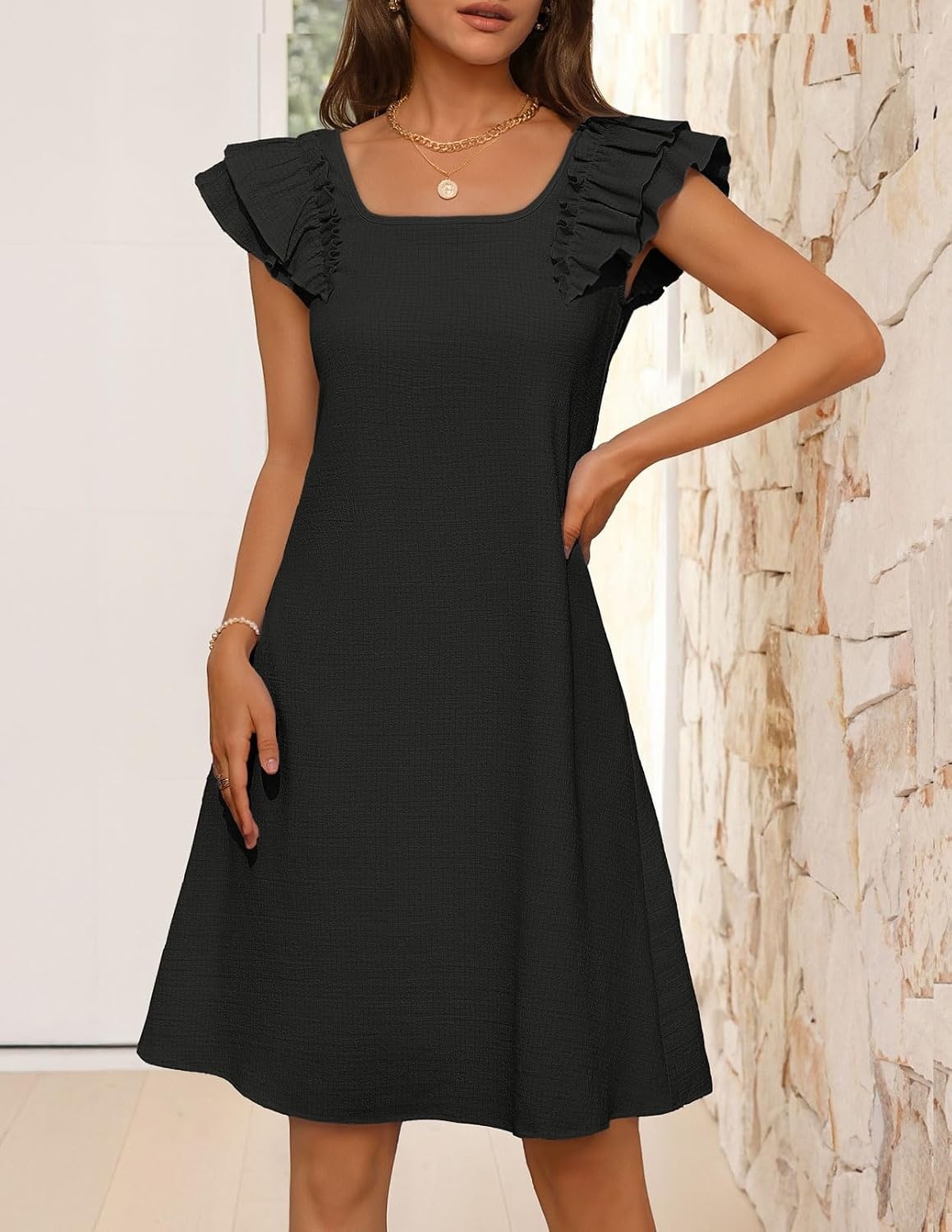 image:imageMEROKEETY Womens Fall Ruffle Sleeve Square Neck Bow Mini Dresses Short Sleeve Open Back Two Side Pockets Above Knee Length Solid Color Slim Fit 2026 Fashion Outfits TrendyBlack