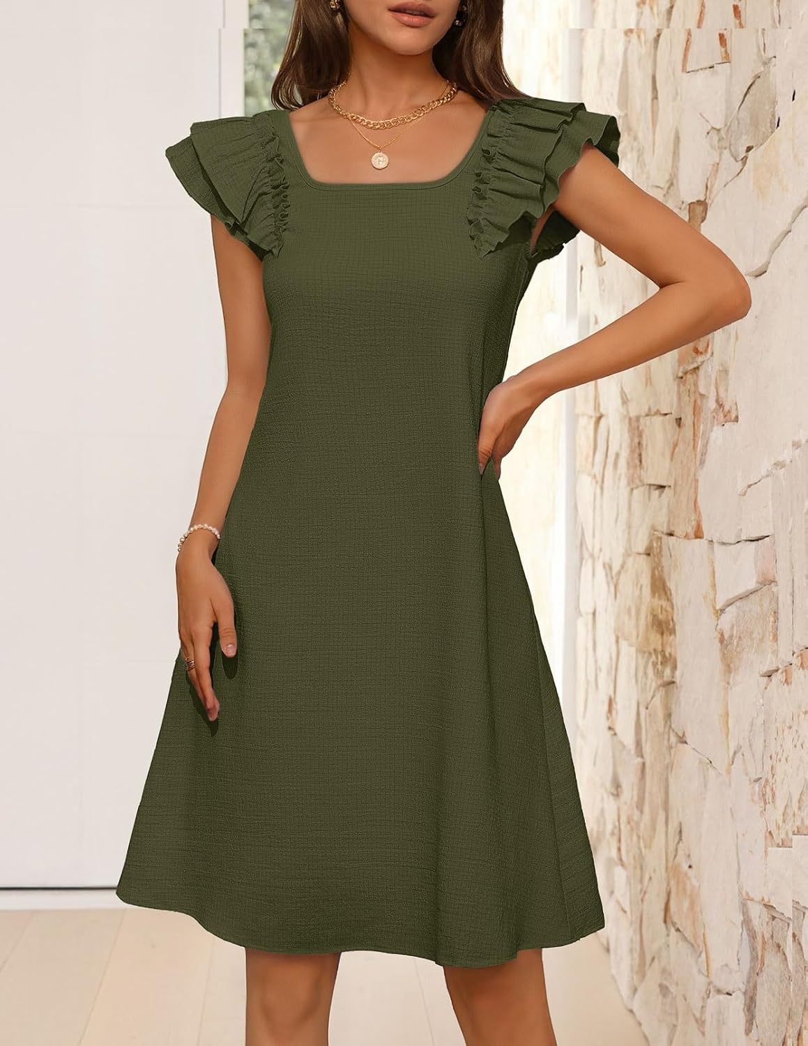 image:imageMEROKEETY Womens Fall Ruffle Sleeve Square Neck Bow Mini Dresses Short Sleeve Open Back Two Side Pockets Above Knee Length Solid Color Slim Fit 2026 Fashion Outfits TrendyArmy