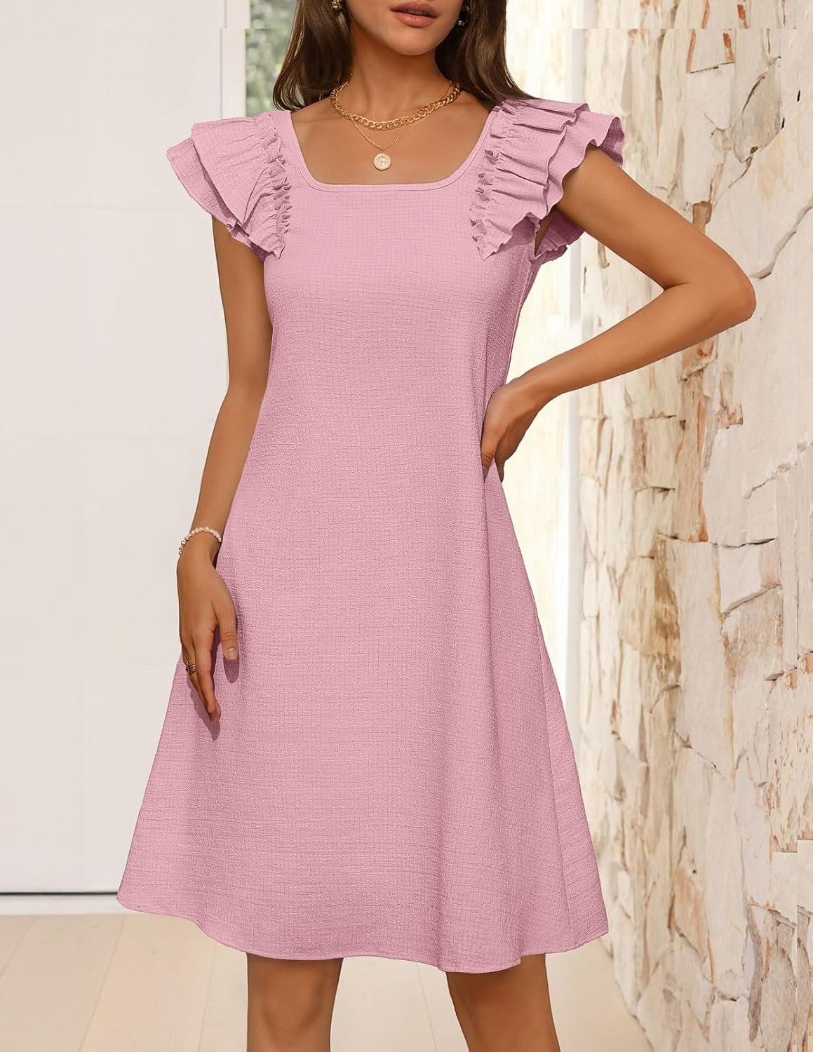 image:imageMEROKEETY Womens Fall Ruffle Sleeve Square Neck Bow Mini Dresses Short Sleeve Open Back Two Side Pockets Above Knee Length Solid Color Slim Fit 2026 Fashion Outfits TrendyPink