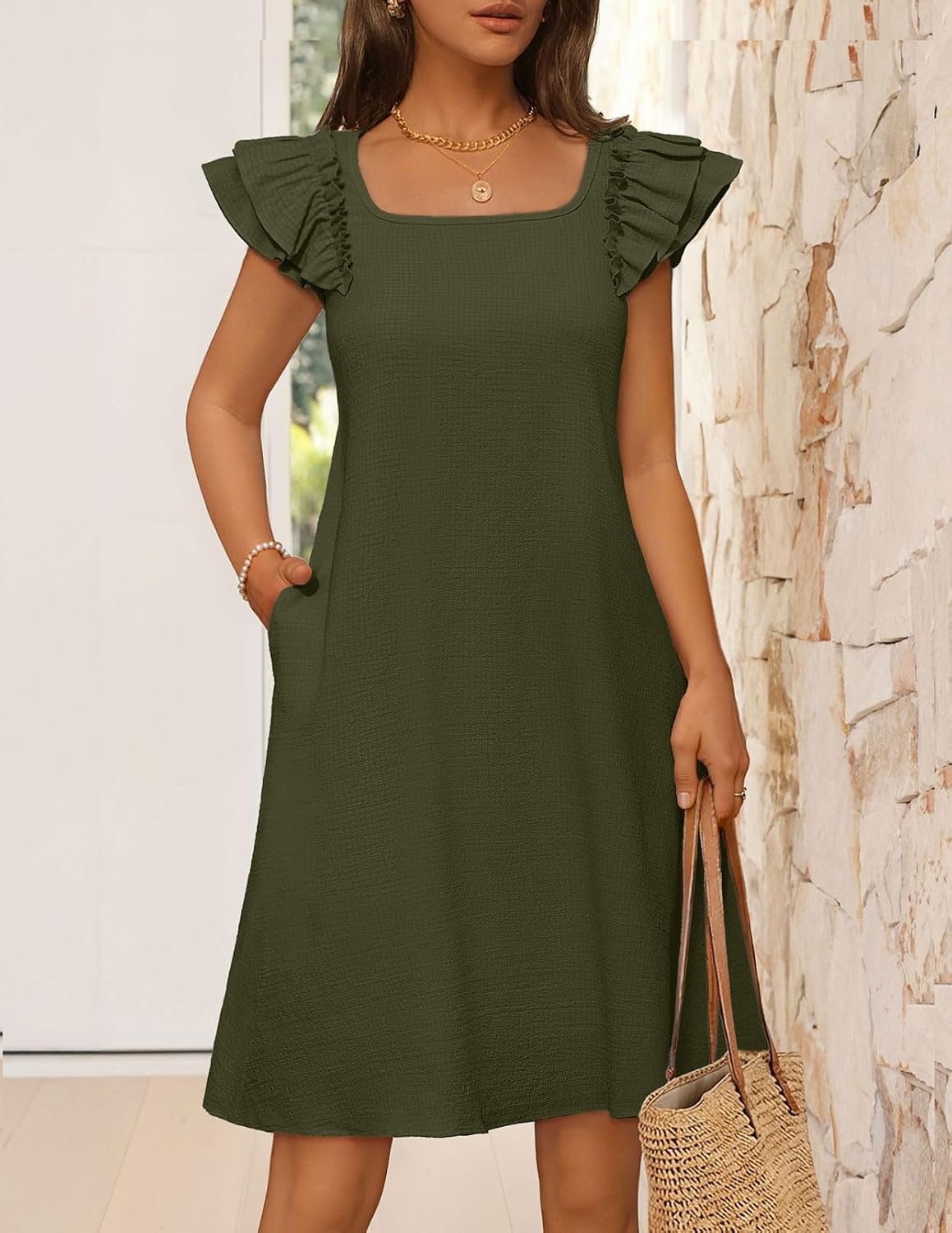 image:imageMEROKEETY Womens Fall Ruffle Sleeve Square Neck Bow Mini Dresses Short Sleeve Open Back Two Side Pockets Above Knee Length Solid Color Slim Fit 2026 Fashion Outfits TrendyArmy