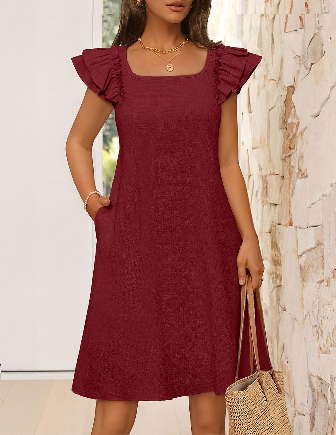 image:imageMEROKEETY Womens Fall Ruffle Sleeve Square Neck Bow Mini Dresses Short Sleeve Open Back Two Side Pockets Above Knee Length Solid Color Slim Fit 2026 Fashion Outfits TrendyWine